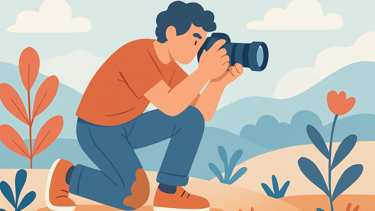 Fotografa accovacciata nella natura mentre cerca un punto di vista diverso