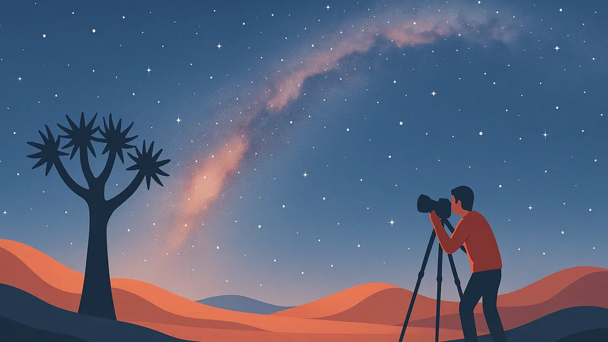 Via Lattea sopra un deserto notturno con albero faretra e fotografo con cavalletto, illustrazione
