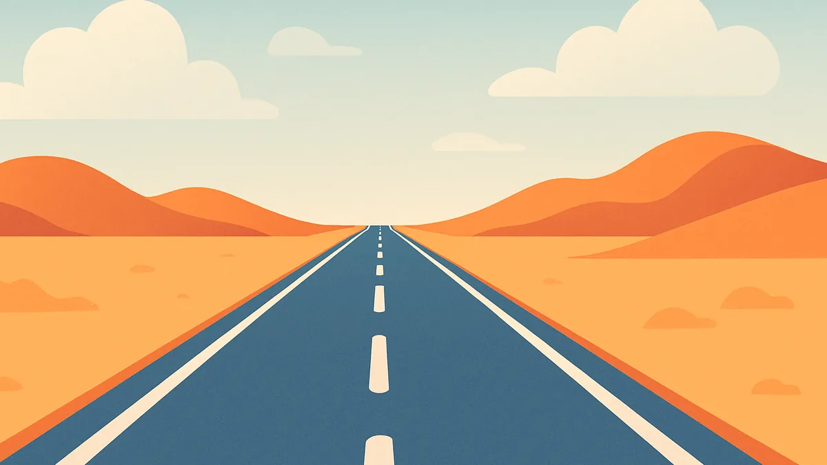 Una strada deserta che converge verso l'orizzonte formando un triangolo di linee guida