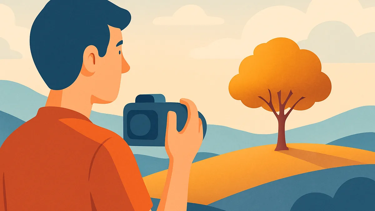 Persona che osserva un paesaggio senza la fotocamera all'occhio, prima di scattare