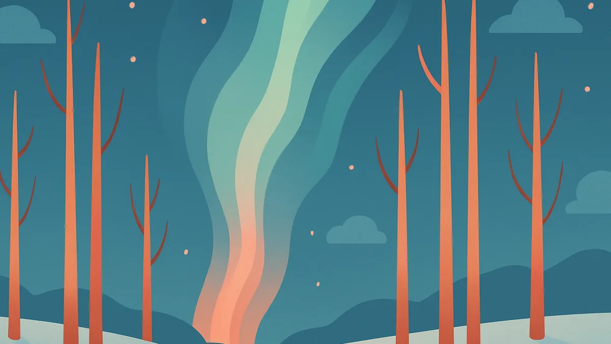 Alberi verticali che spingono lo sguardo verso l'alto sotto un cielo con aurora