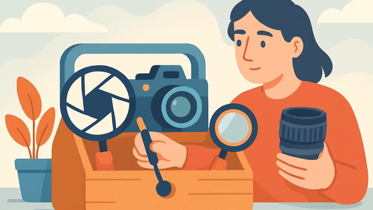 Metafora della cassetta degli attrezzi del fotografo con gli strumenti della macchina fotografica