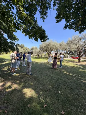 Corsisti e sposi nel parco tra gli ulivi in una giornata di sole